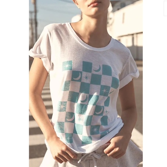 Sundry L White and Blue Checkers T-Shirt Supima Cotton Soft Boxy Tee - Picture 1 of 13